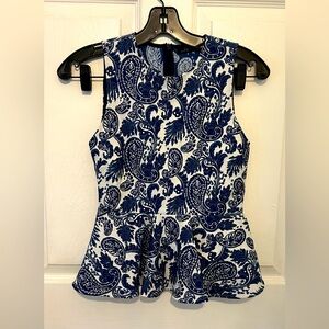 ZARA Women's Blue & White Paisley Print Sleeveless Peplum Top Size XS